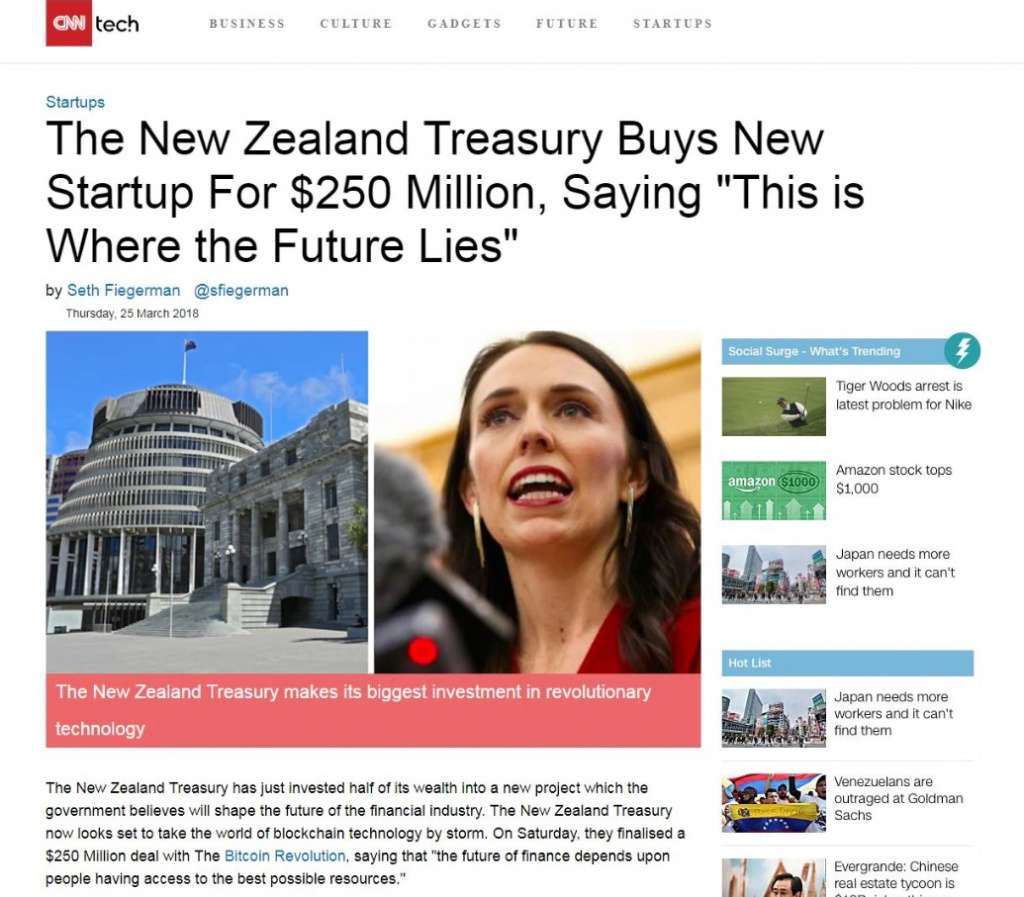Премьер-министр Новой Зеландии невольно оказалась лицом криптовалютного стартапа