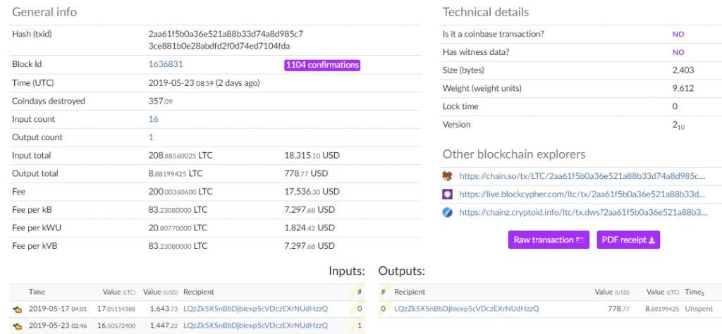 Пользователь заплатил комиссию 200 LTC за транзакцию на сумму 8.88 LTC