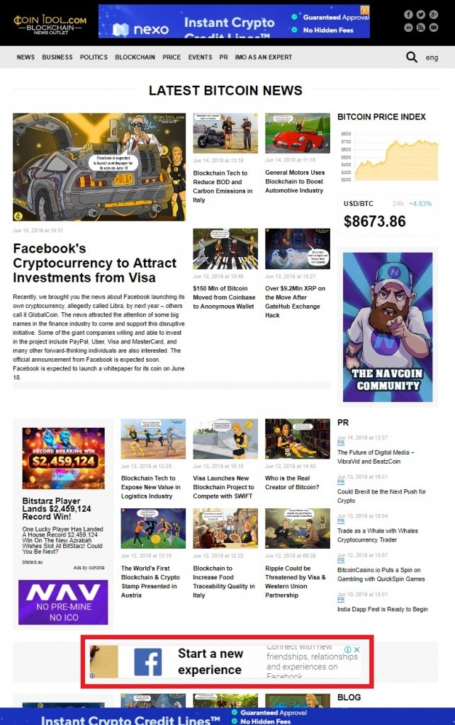 Facebook начал рекламироваться в криптовалютных СМИ