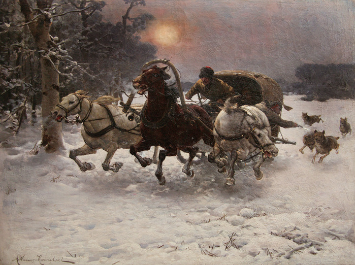 Благородные лошади на охоте и в упряжках на картинах польского художника Веруш-Ковальского