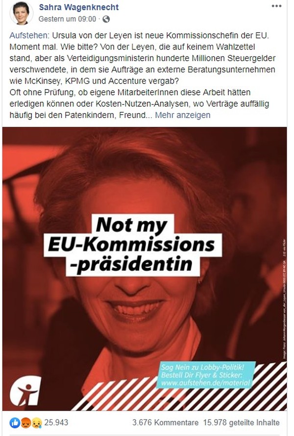 Сара Вагенкнехт о новой главе Еврокомиссии: Та самая фон дер Ляйен - организатор афер и хаоса