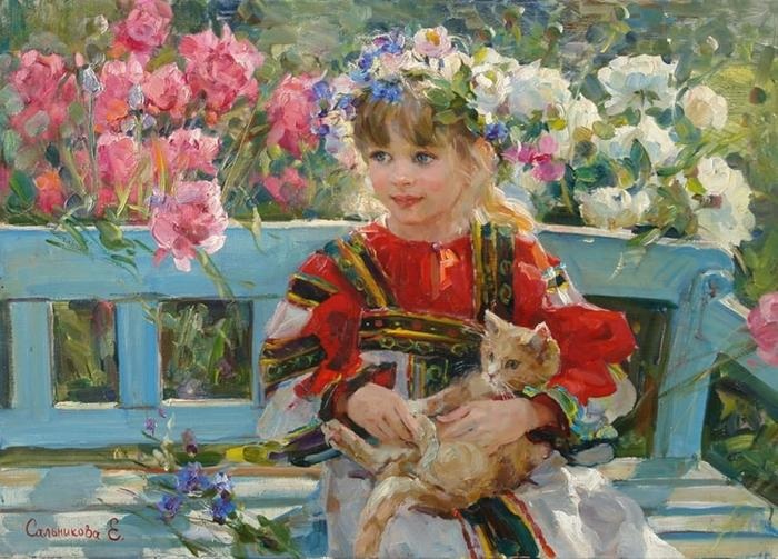 Деревенское детство и цветы на полотнах Елены Сальниковой: Гармония, чистота и положительные эмоции