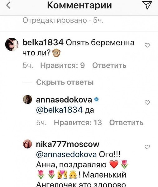Анна Седокова утвердительно ответила на вопрос о 4-й беременности и удалила комментарий